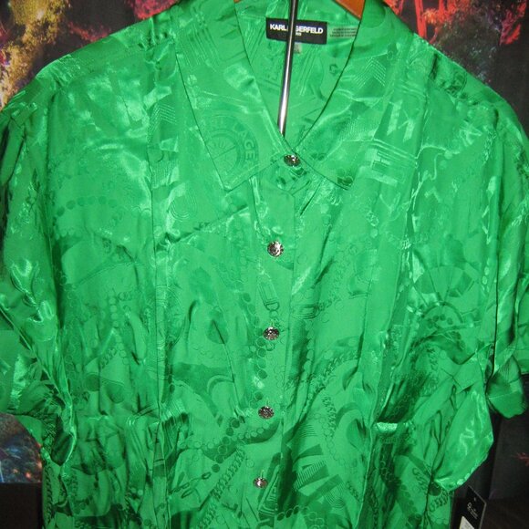 NWT Karl Lagerfeld Paris Green Jacquard Camp Shirt - Picture 1 of 9